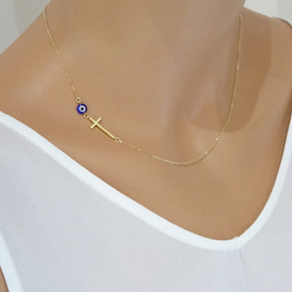blue evil eye necklace cross